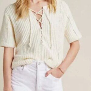 Anthropologie Oversized Lace Up Short Sleeve Sweater (XS)